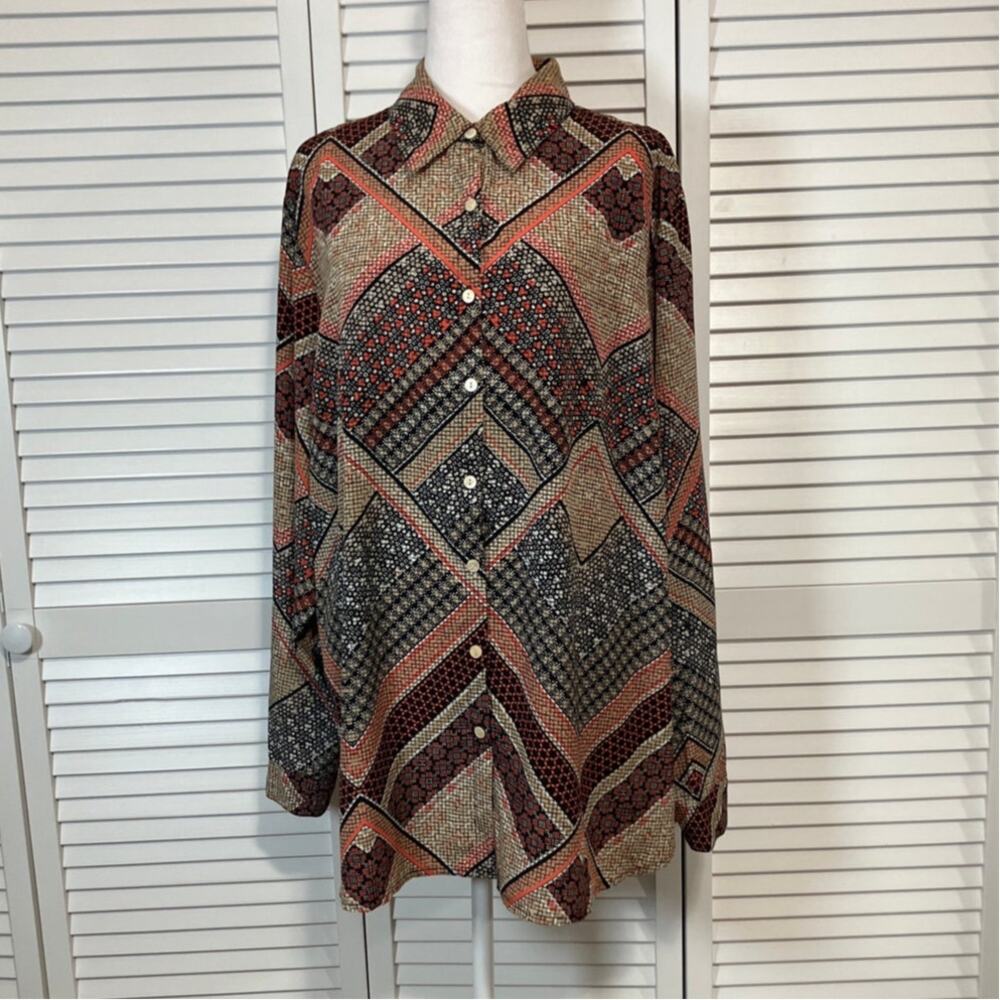 Allison Daley Patchwork Tan Colorful Collared Long Sleeve Blouse Women 3X